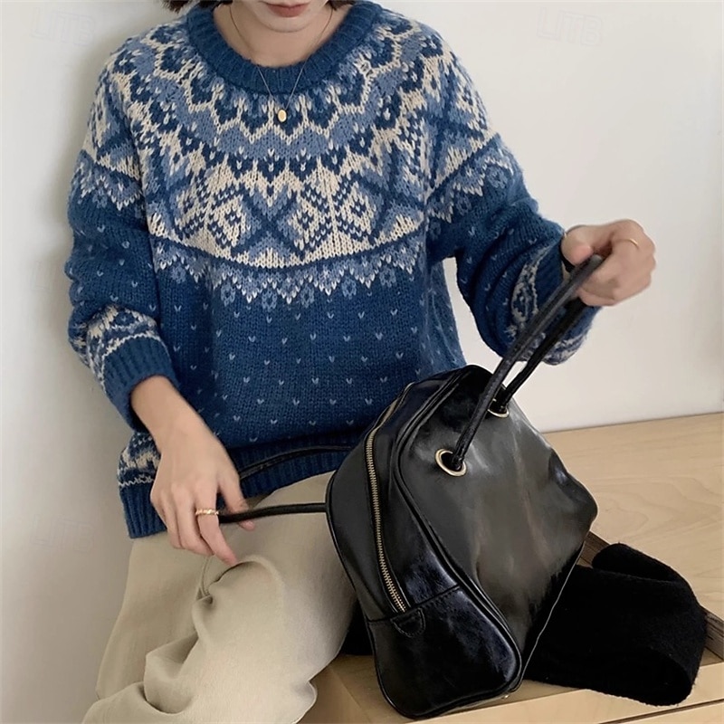 Women's Sweater Fair Isle Sweater Pullover Vintage Fashion Casual Geometric Ribbed Crew Neck Knitted Print Long Sleeve Regular Tops Knit Christmas Outdoor Daily Blue Fall Winter4