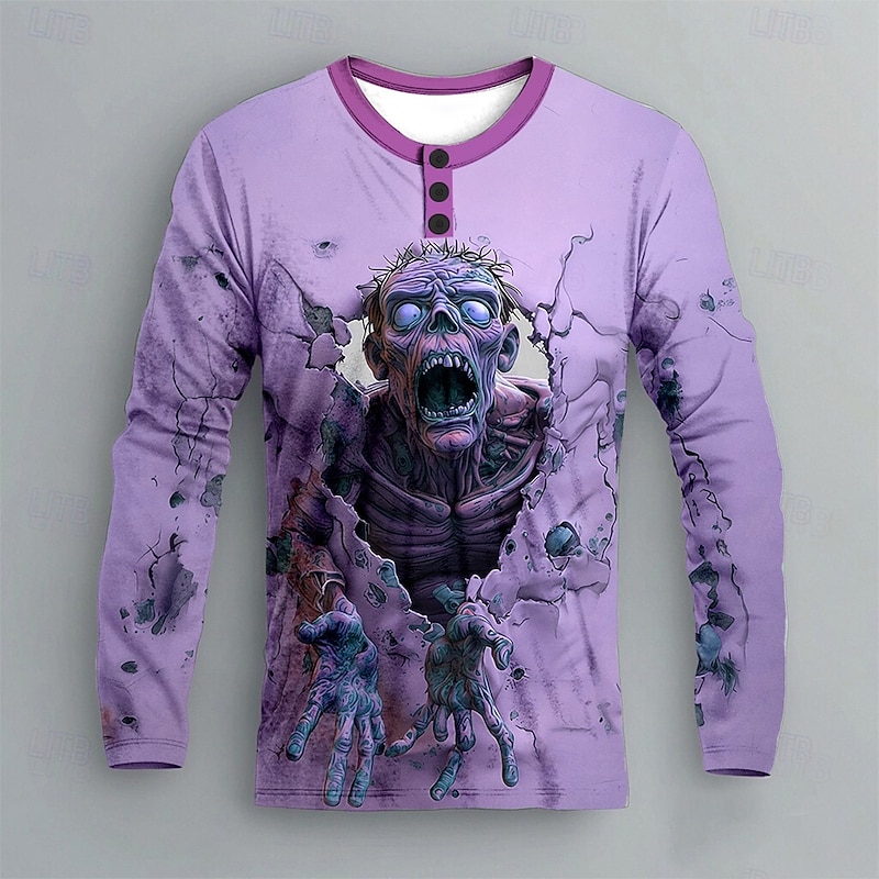 Men's Halloween Zombies Henley Shirt Long Sleeve Fashion Cute Daily Casual Holiday Going out Spring Fall Spring &  Fall Blue Green Purple Khaki Henley Henley T-Shirt4