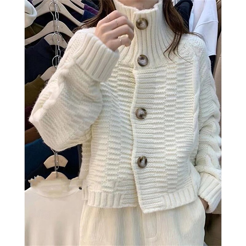 Women's Sweater Cardigan Fashion Streetwear Casual Pure Color Ribbed Turtleneck Pocket Knitted Long Sleeve Regular Tops Knit Outdoor Daily Weekend Black White Fall Winter