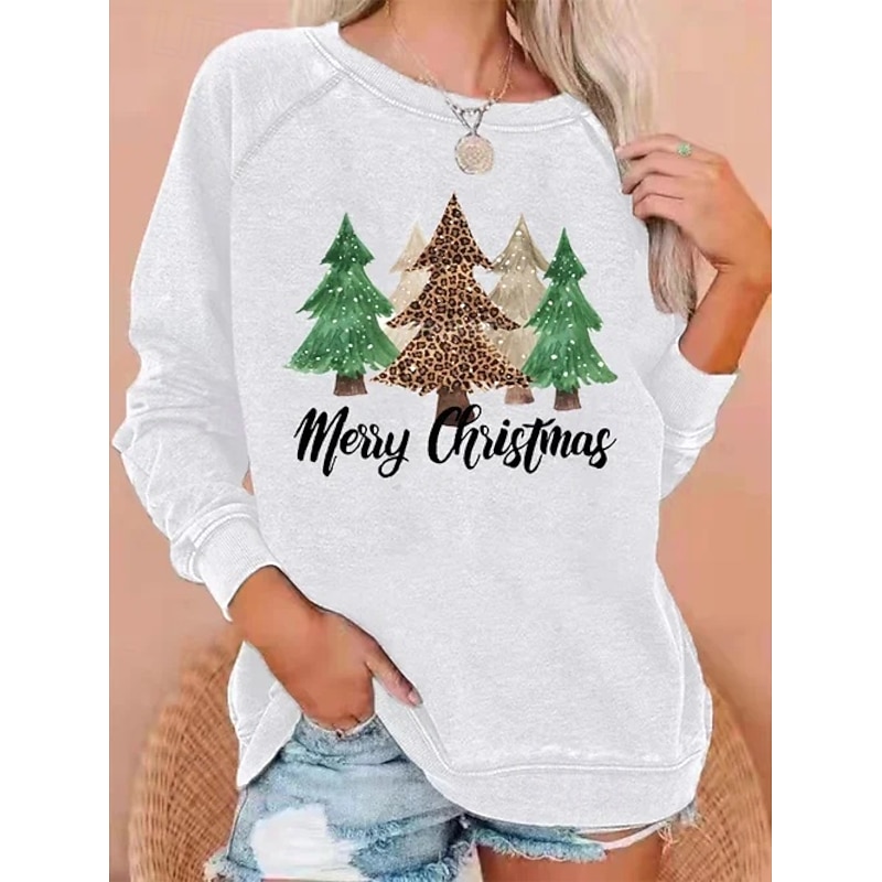 Women's Pullover Graphic Christmas Tree Casual Long Sleeve Crew Neck Regular Tops Casual Holiday White Green Dark Gray Gray Spring Fall Winter2