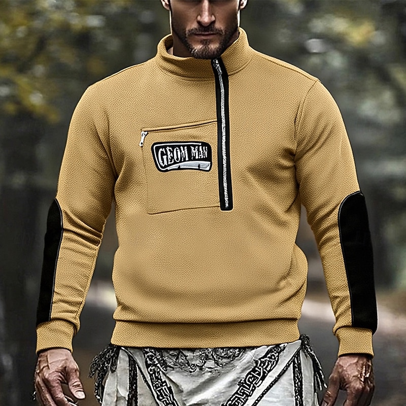 Men's Sweatshirt Fleece Sweatshirt Quarter Zip Sweatshirt Black Pink Khaki Gray Half Zip Color Block Patchwork Sports & Outdoor Daily Holiday Polyester Streetwear Basic Casual Winter Clothing Apparel