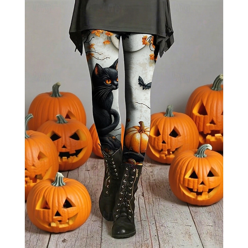 Women's Leggings Cozy Leggings Basic Casual Full Length High WaistPantsHalloween Cat Pumpkin Printing Thermal Warm Comfortable Stretchy Vacation Casual Daily White Fall Winter Slim Fit