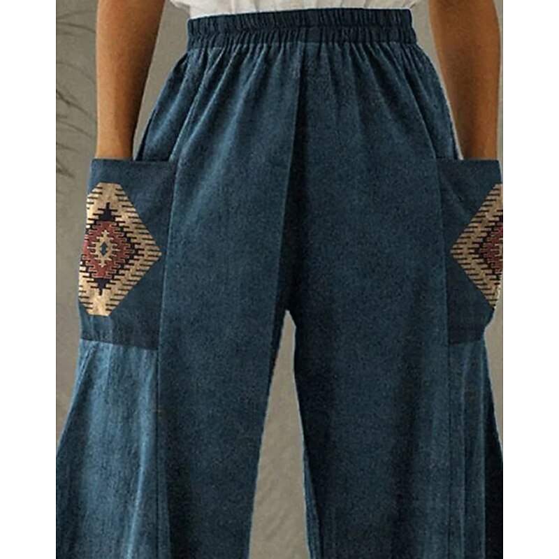 Women's Wide Leg Pants Trousers Vacation Ethnic Style Boho Full Length High Waist Graphic Pocket Elastic Waistband Print Comfy Breathability Inelastic Vacation Street Casual Dark Blue Spring Fall2