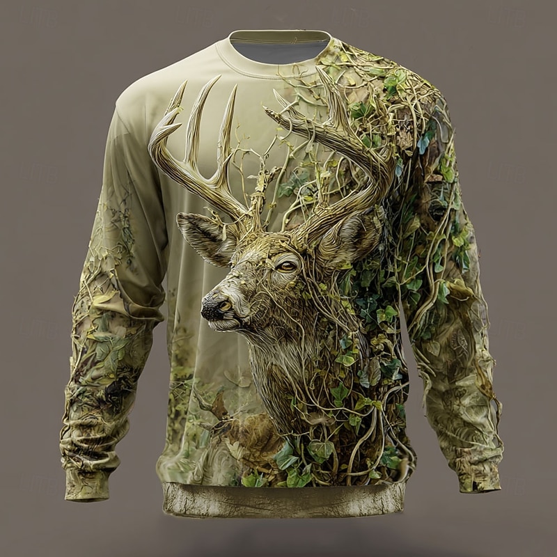 Men's Leaf Deer Sweatshirt Casual Crew Neck Vacation Party Gift Burgundy Brown Crewneck 3D All Seasons Designer2