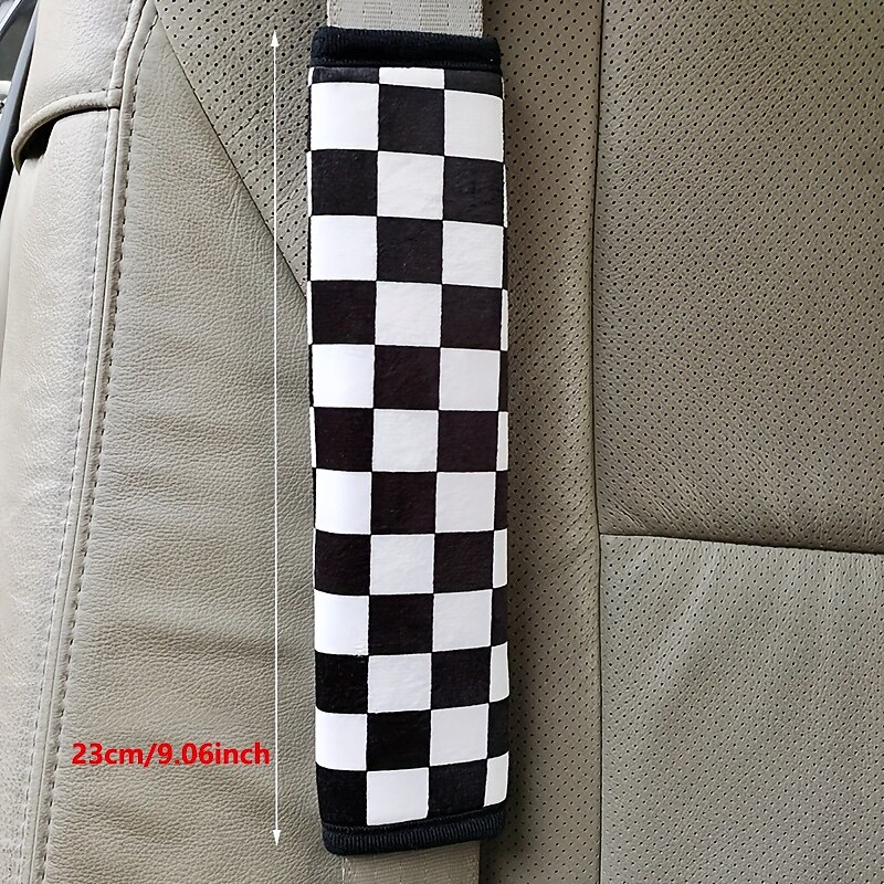 2pcs Universal Car Seatbelt Shoulder Pads Black and White Checkered Textile Safety Strap Covers for Driver and Passenger Auto Interior Accessories2