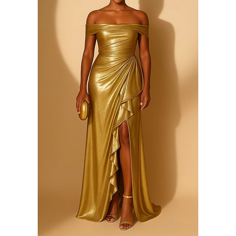 Gold A-Line Lurex Fabric Evening Gown Elegant Dress Formal Wedding Sweep / Brush Train Sleeveless Off Shoulder Lurex Fabric with Ruffles Slit 2025