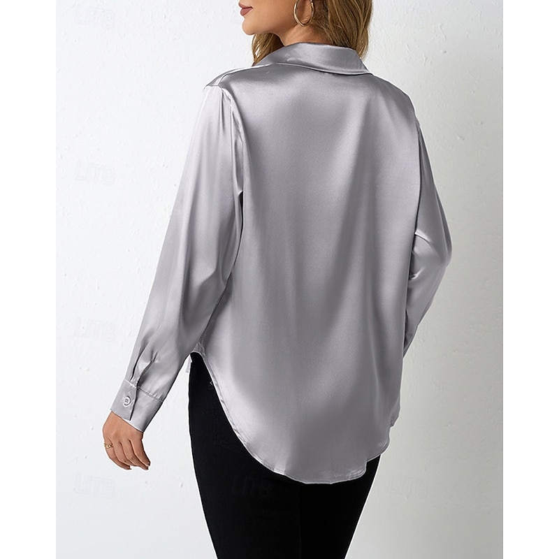 Women's Shirt Elegant Dressy Satin Solid Color Vintage Tropical Stylish Long Sleeve V Neck Shirt Collar Regular Tops Daily Going out Buttons Black Camel Brown Dark Gray Gray Spring Fall2