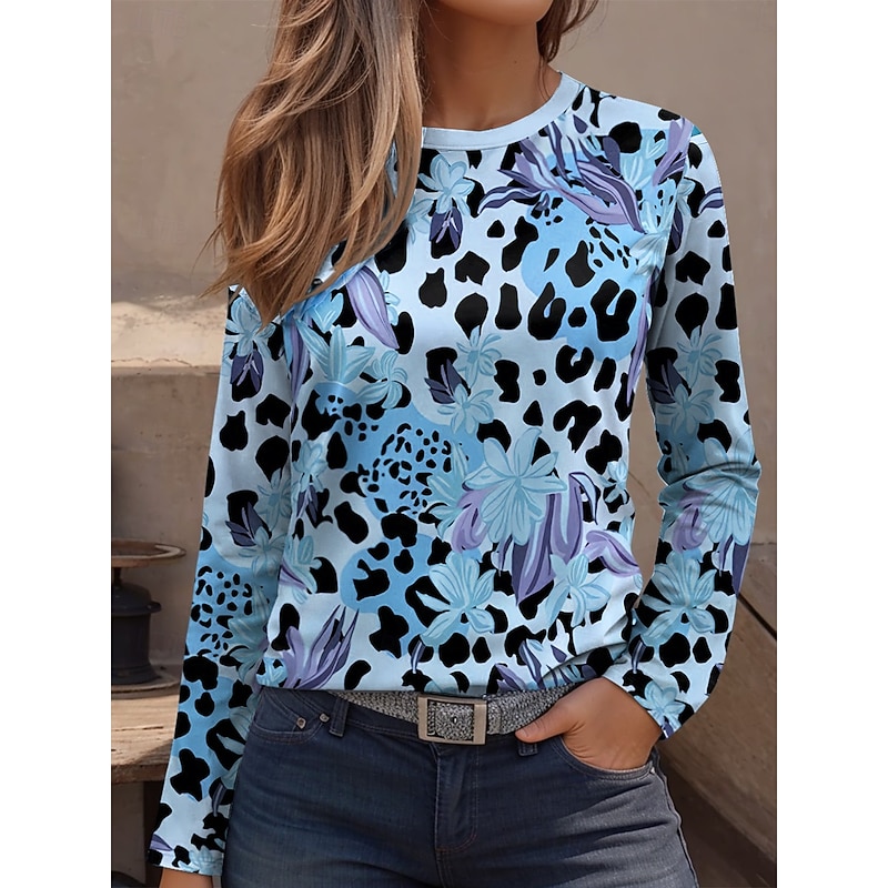 Women's T Shirt Graphic Leopard Geometric Vintage Fashion Stylish Long Sleeve Crew Neck Regular Tops Daily Weekend Print Pink Blue Purple Green Khaki Spring Fall2