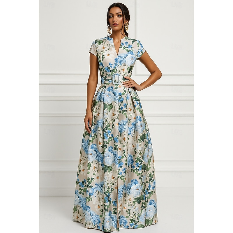 A-Line Evening Gown Elegant Dress Formal Wedding Guest Floor Length Short Sleeve V Neck Pocket Satin with Floral Print Wedding Guest Dress