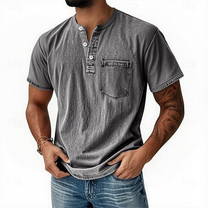 Men's Henley Shirt T shirt Tee Short Sleeve Retro Vintage Casual Casual Summer Spring Fall Black Pink Light Blue Purple Light Gray Henley Henley T-Shirt2