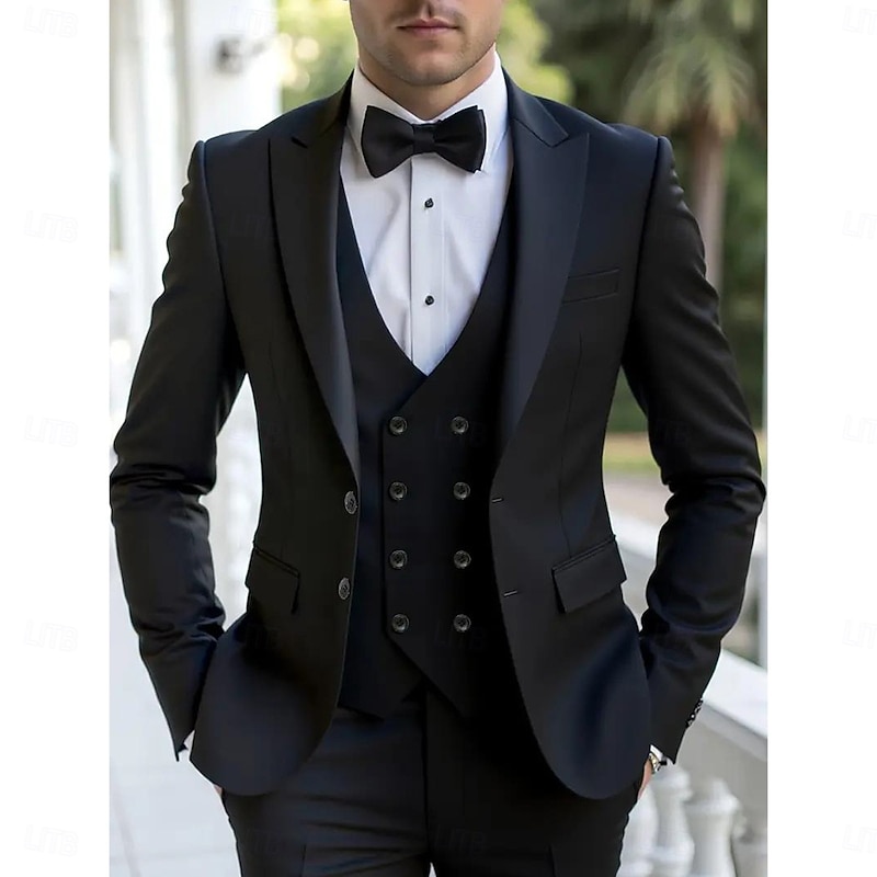 Men's Wedding Casual Party Suits Peaked Lapel Black Dark Blue Formal Solid Colored Tailored Fit 3 Piece Single Breasted Two-buttons