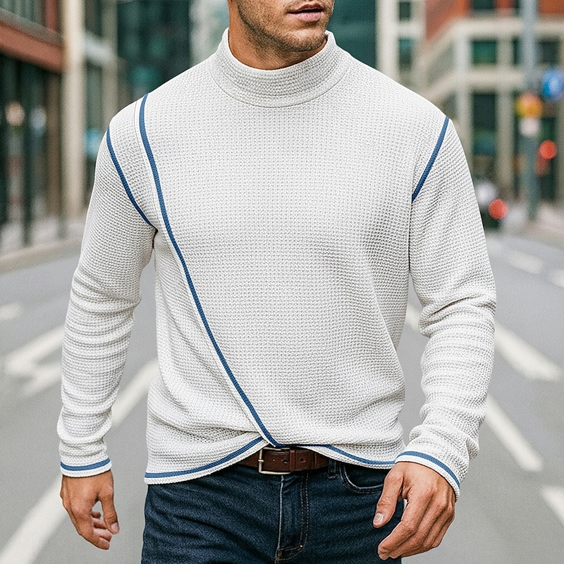 Men's Waffle Shirt Turtleneck shirt Tee Top Long Sleeve Shirt Long Sleeve Turtleneck High Neck Fall Spring &  Fall Plain Fashion Designer Basic Wrap Crossover Vacation Street Casual White Navy Blue3