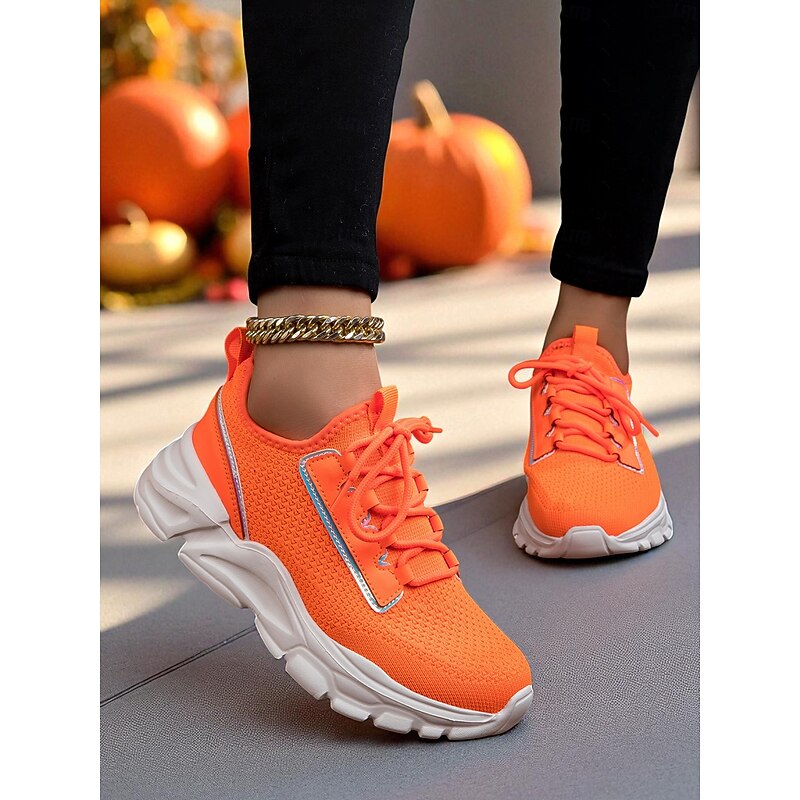 Women's Orange Athletic Sneakers – Breathable Lace-Up Chunky Sole Running Shoes for Walking, Fitness and Casual Outfits2