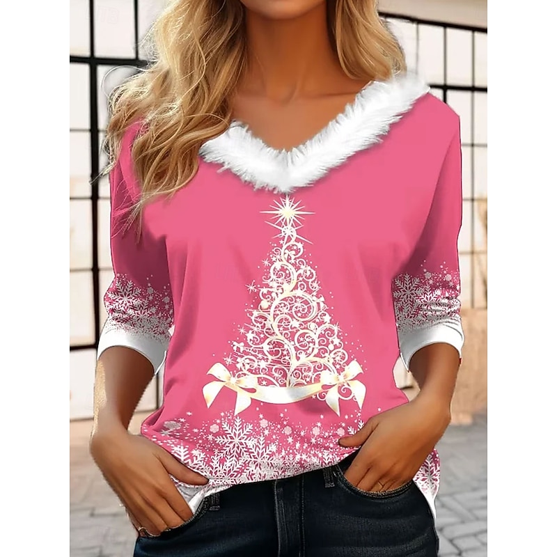 Christmas Women's T Shirt Graphic Christmas Tree Vintage Stylish Classic Long Sleeve V Neck Regular Tops Daily Patchwork Print Pink Red Blue Green Fall Winter4