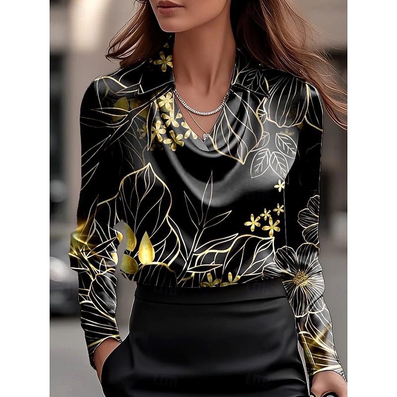 Women's Shirt Ombre Floral Graphic Elegant Stylish Basic Long Sleeve Cowl Neck Regular Tops Work Party Evening Wear Daily Ruched Draped Black White Navy Blue Fall Winter