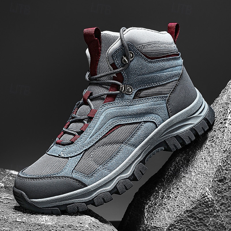 Men's Gray and Red Lace-Up Hiking Boots with Cushioned Support, Breathable Trail Shoes for Outdoor Adventure and Daily Wear