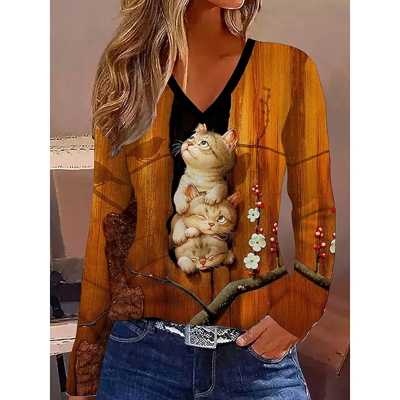 Women's T Shirt Graphic Animal Cat Vintage Stylish Classic Long Sleeve V Neck Regular Tops Daily Print Orange Spring Fall Winter