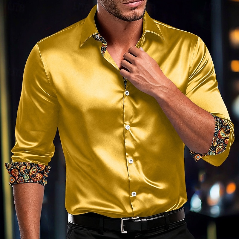Men's Shirt Satin Shirt Dress Shirt Casual Shirt Button Up Shirt Plain Formal Wedding White Red Blue Gold Long Sleeve Lapel All Seasons Clothing Apparel Buttons