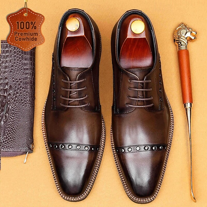 Men's Dark Brown Oxford Dress Shoes Elegant Lace-Up Business Formal Footwear with Stud Detailing for Banquets, Office and Weddings