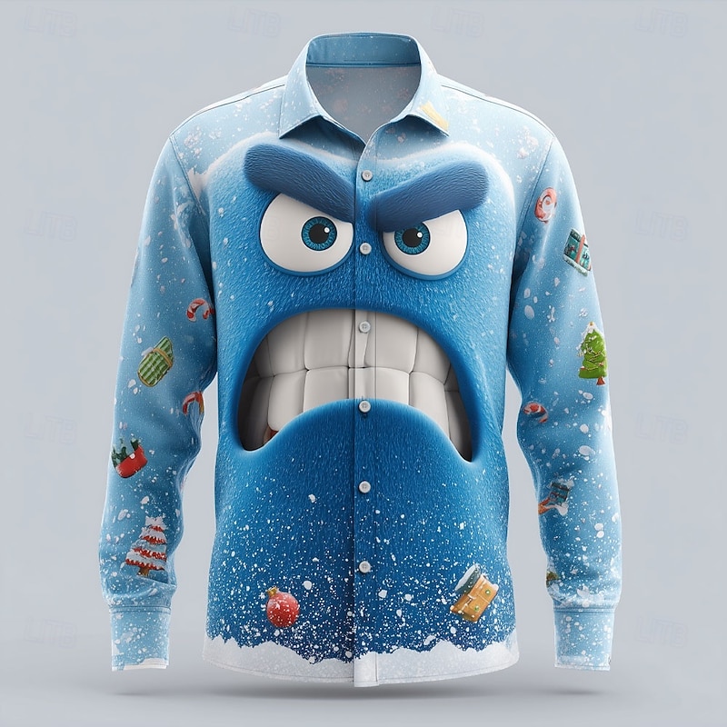 Christmas Men's 3D Cartoon Smile Face Christmas Gift Shirt Button Up Shirt Long Sleeve Funny Outdoor Holiday Spring Fall Turndown 3D Print Collared Shirts Red Blue Purple Green