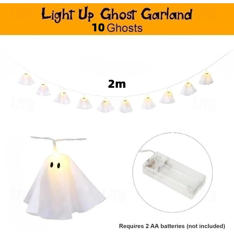 Halloween Decoration-Light Up Ghost Garland-10 LED Ghost String Lights Banner for Home Party Fireplace Mantle Windows Decor, 2m2