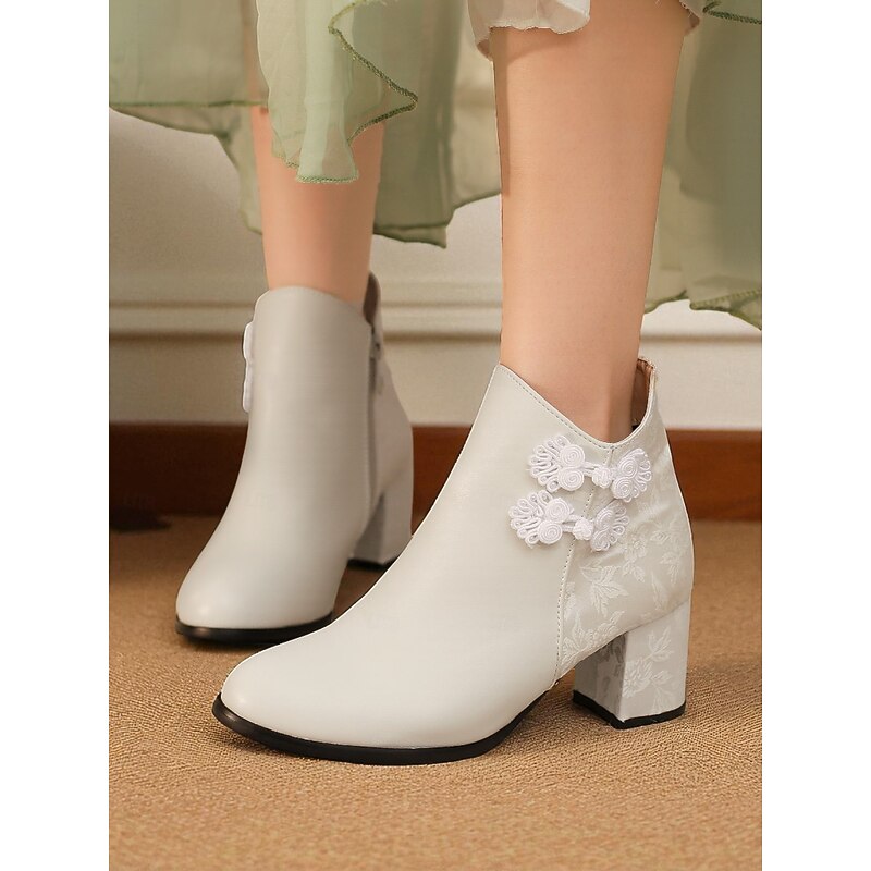 Women's White Faux Leather Ankle Boots with jacquard and Block Heel – Stylish Winter Short Booties for Ladies, Ideal for Holiday Parties, Outdoor Wear & Casual Street Style2