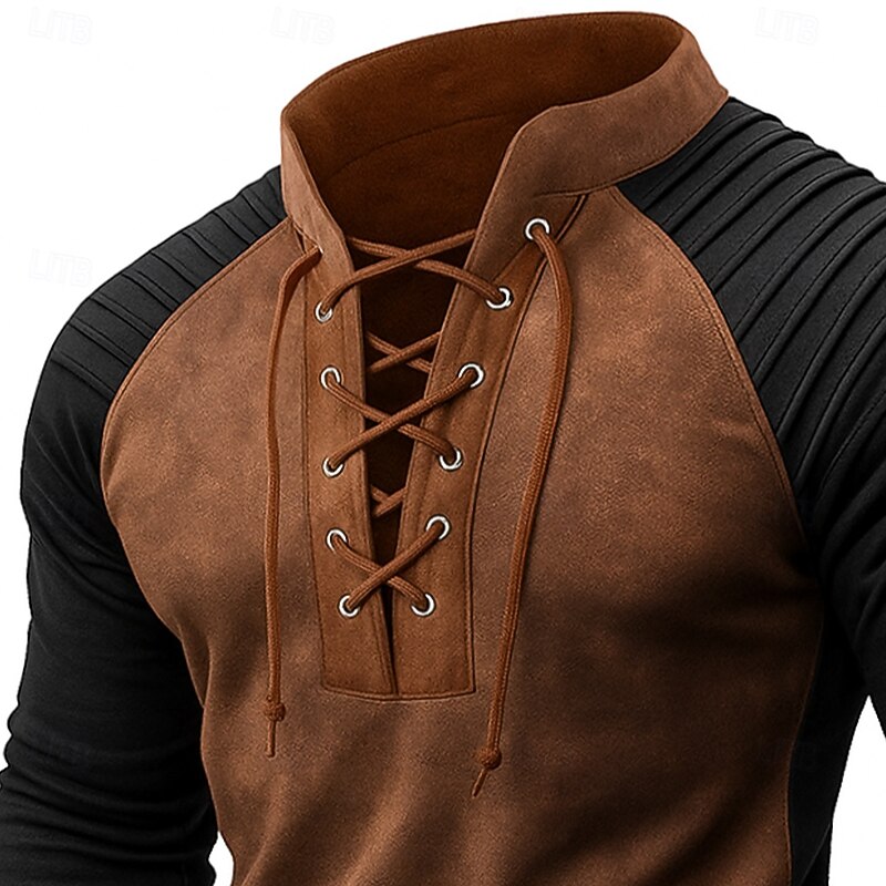 Men's T Shirt Long Sleeve Stand Collar Fall Winter Spring &  Fall Color Block Vintage Fashion Daily Drawstring Outdoor Causal Casual Brown Gray Green Top Tee for Men2