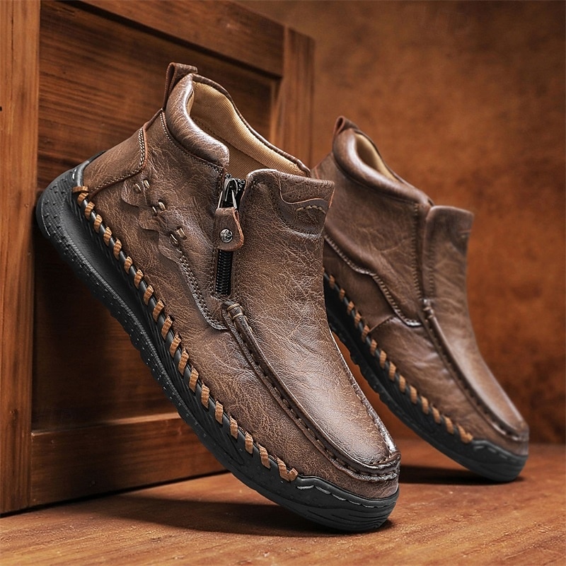 Men's Brown Casual Moccasin Shoes with Side Zipper, Hand-Stitched Non-Slip Sole, Comfortable Everyday Footwear for Work, Driving and Weekend Outings2