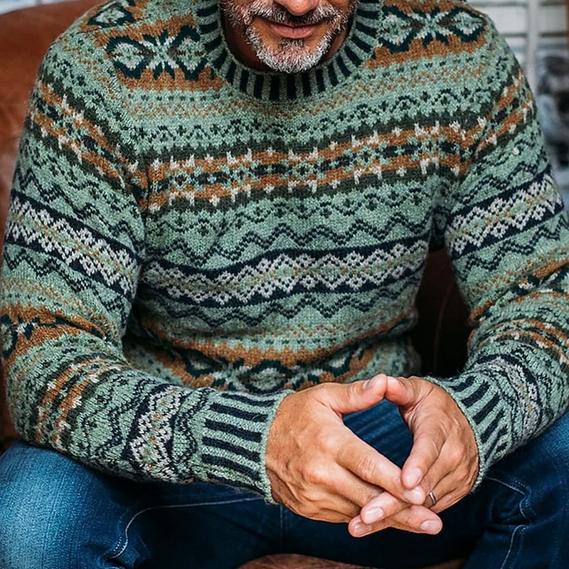 Men's Geometic Rhombus Pullover Sweater Jumper Fair Isle Sweater Knitwear Crewneck Casual Vacation Daily 3D Print Knitting Keep Warm Long Sleeve Spring Fall Winter Green3