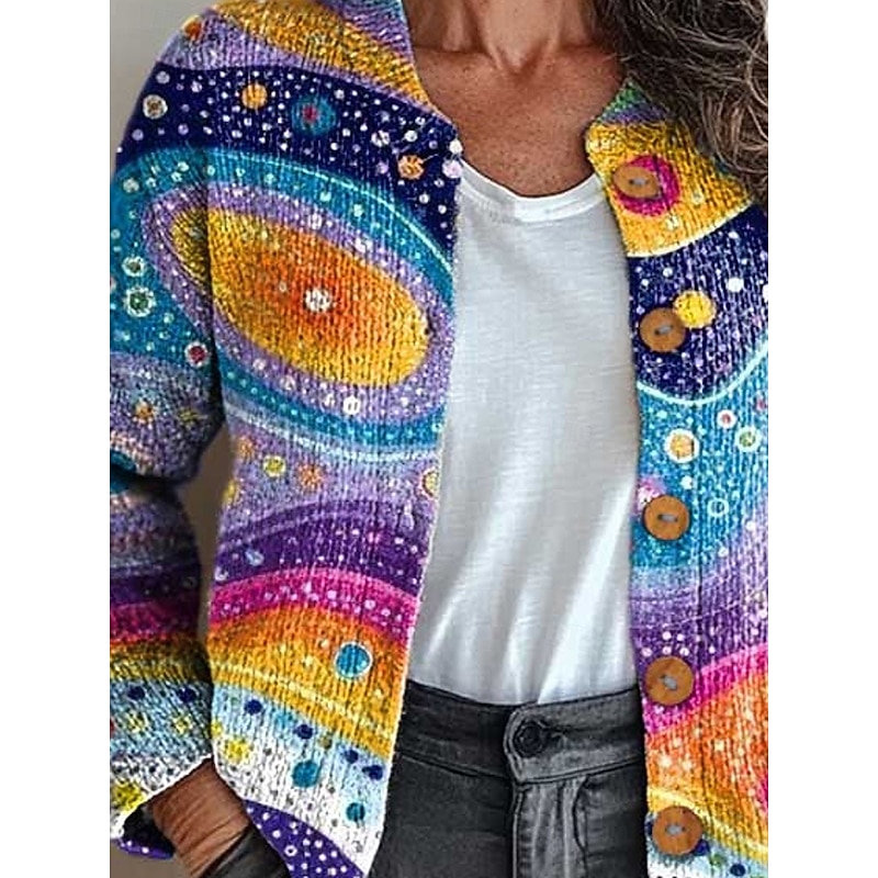 Women's Cardigan Daily Graphic Geometric Abstract Ribbed Crew Neck Floral Buttons Print Long Sleeve Regular Tops Knit Outdoor Weekend Blue Spring Fall3