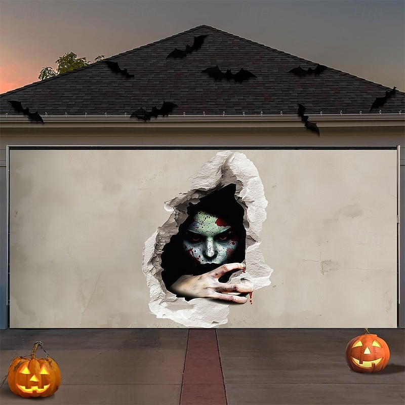 Halloween Garage Door Cover 3D Broken Wall Ghost Face and Bloody Hand Banner Haunted House Horror Scene Spooky Backdrop Tapestry for Outdoor Wall Fence Yard Halloween Party Decoration4