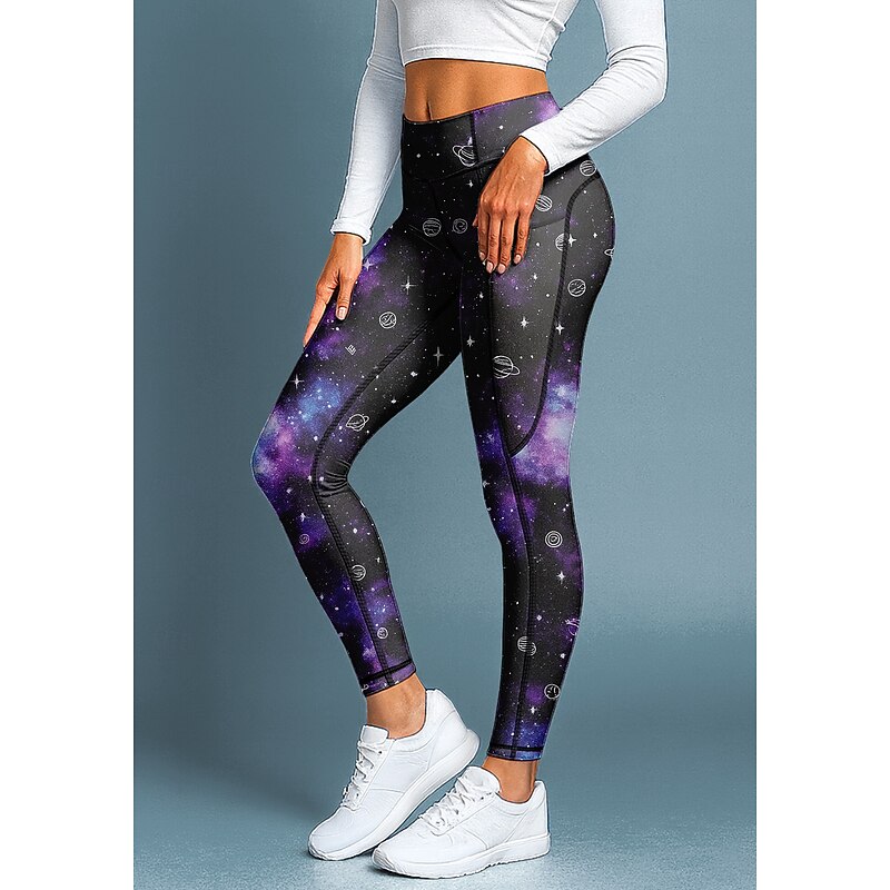 Women's pilates leggings fitness pants Gym Leggings Pockets Stamp Duty Side Pockets Pilates Gym Gym Workout Pants Tights Leggings Galaxy Star Print Purple Sports Activewear Stretchy Tight Fit3