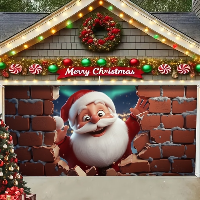 Christmas Garage Door Cover Winter Holiday Decoration Drapes with Santa Claus Bringing Christmas Gifts Print for Home Entryway Living Room Bedroom Indoor Outdoor Festive Seasonal Home Decor