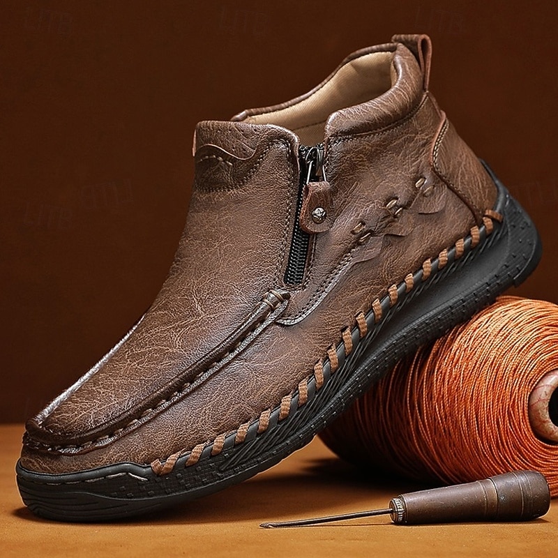 Men's Brown Casual Moccasin Shoes with Side Zipper, Hand-Stitched Non-Slip Sole, Comfortable Everyday Footwear for Work, Driving and Weekend Outings - Main Image