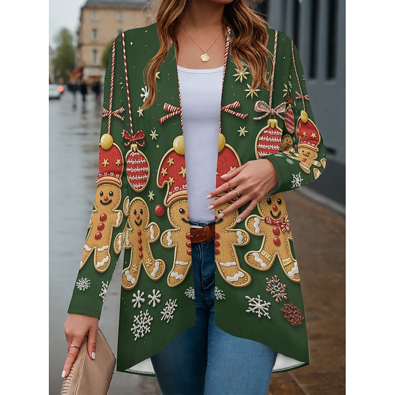 Women's Winter Coat Lightweight Comfortable Print Open Front Vintage Fashion Cute Casual Christmas Vacation Casual Long Collarless Regular Fit Long Sleeve Outerwear Black Red Blue Spring Fall2