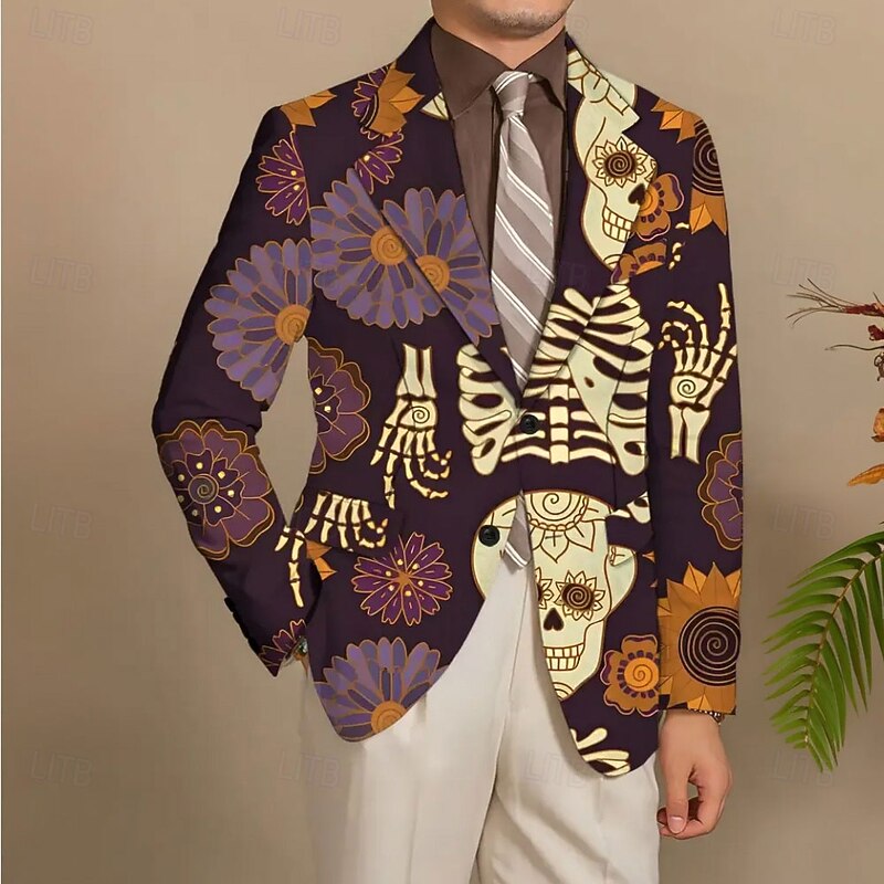 Halloween Men's Coat Blazer Outdoor Street Festival Casual Daily Modern Fall Fall / Winter 100% Polyester Cool Skulls Skeleton 3D Print Buttons Thermal Warm Comfortable Single Breasted Blazer Brown