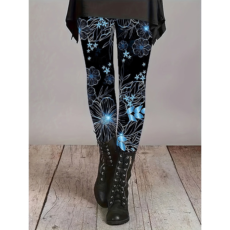Women's Leggings Vacation Vintage Fashion Full Length High Waist Floral Graphic Printing Soft Breathable Stretchy Vacation Street Causal Blue Fall Winter Slim Fit