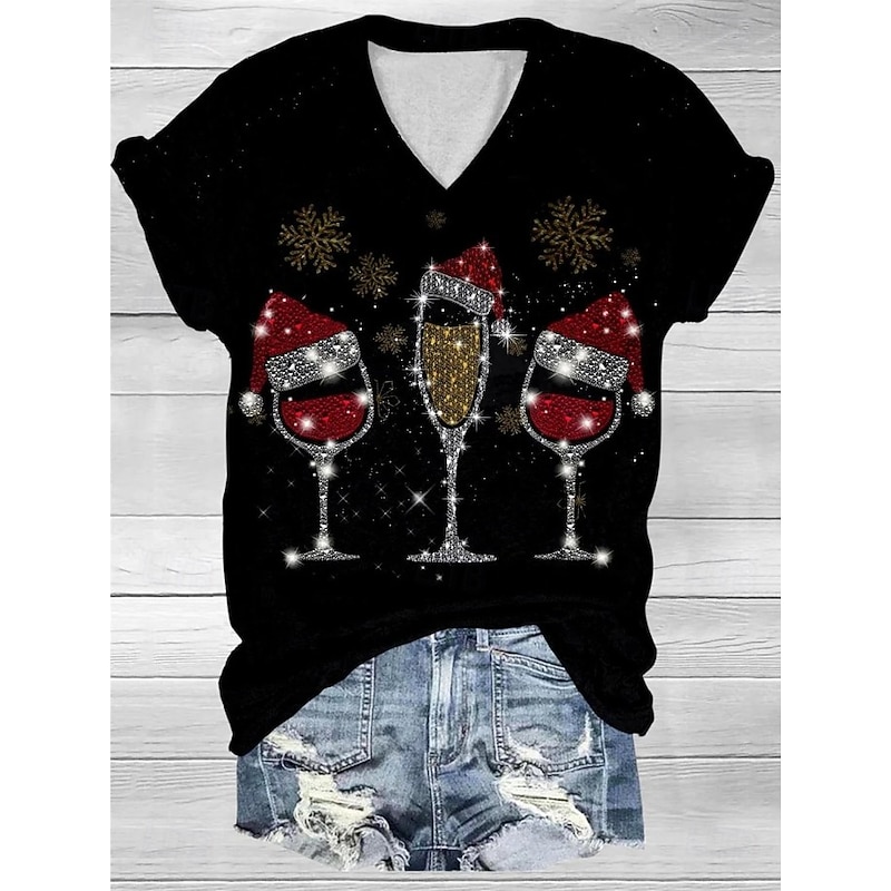 Christmas Women's T Shirt Graphic Christmas Tree Vintage Stylish Classic Short Sleeve V Neck Regular Tops Daily Print Black+White+Red Black and gray Black Pink Khaki Summer Spring Fall Winter3