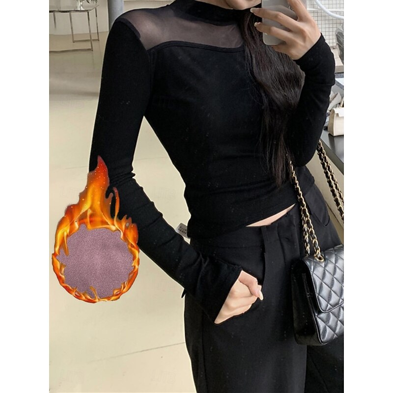 Women's Blouse Solid Color Stylish Casual Long Sleeve High Neck Regular Tops Daily Patchwork Mesh Black Spring Fall Winter2