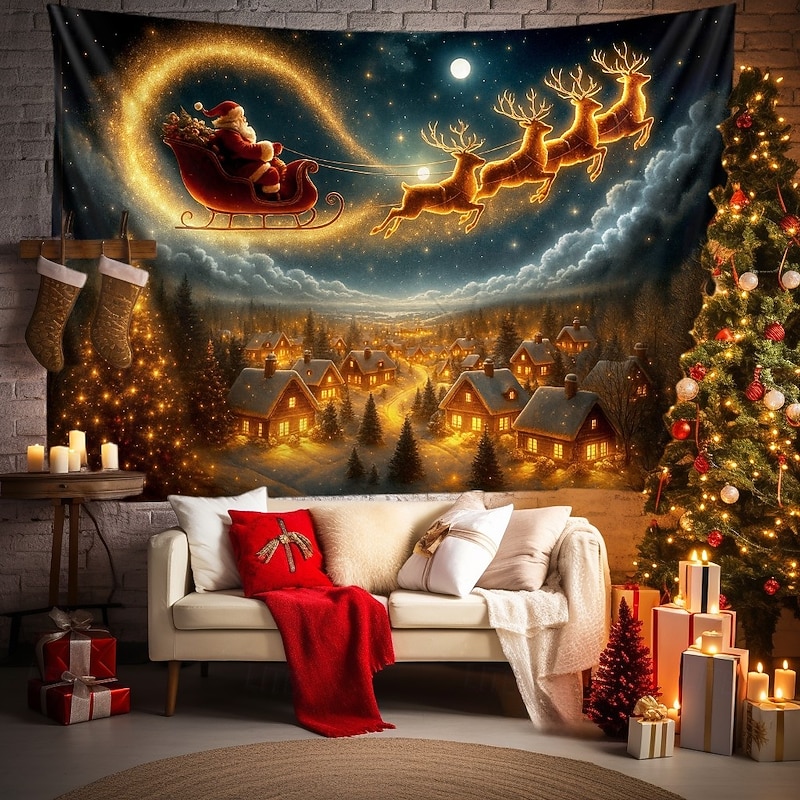 Christmas Wall Tapestry Backdrop, Santa Claus Sleigh Flying Over Village Night Sky Wall Hanging, 2025 Xmas Festive Holiday Decoration for Bedroom, Living Room, Party,Outdoor2