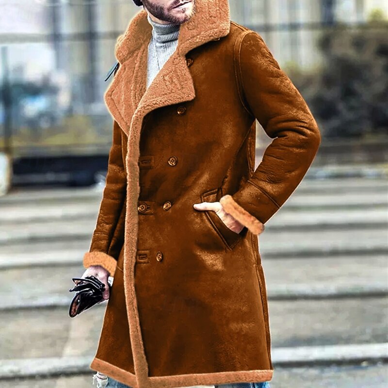 Men Faux Suede Jacket Overcoat Peacoat Faux Fur Long Trench Coat Outerwear Casual Fall Winter Outerwear Clothing Apparel Classic Trendy Plain Fleece Notch lapel collar