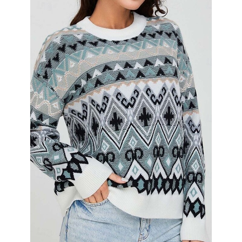 Women's Fair Isle Sweater Pullover Elegant Vintage Streetwear Geometric Ribbed Crew Neck Floral Long Sleeve Regular Tops Knit School Formal Outdoor Red Blue Spring Fall4