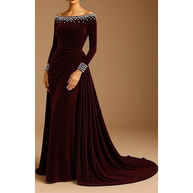 Black Tie Velvet A-Line Sheath / Column Evening Gown Elegant Formal Dress Formal Wedding Sweep / Brush Train Long Sleeve Pearls Off Shoulder with Pleats Ruched 2025