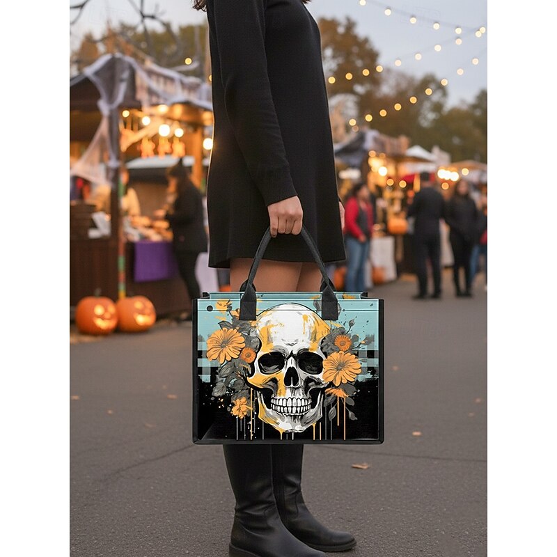 Women's Halloween Skull Tote Bag – Durable Fabric Handbag with Zipper Pocket, Gothic Style Shoulder Bag for Casual, Party and Holiday Use3
