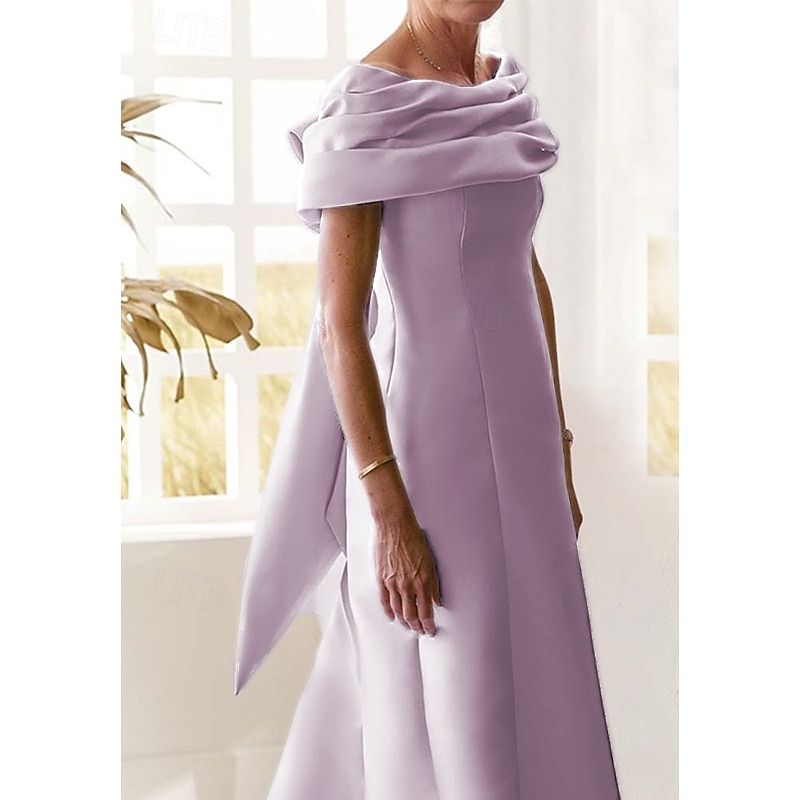A-Line Mother of the Bride Evening Gown Elegant Dress Formal Floor Length Sleeveless Off Shoulder Satin with Bow(s) Pleats3