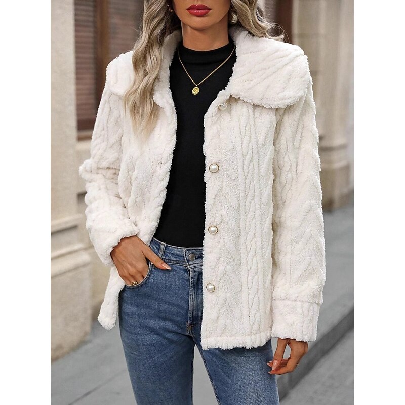 Women's Winter Coat Sherpa Jacket Comfortable Breathable Buttons Casual Plain Vacation Street Casual Daily Wear Single Breasted Regular Turndown Regular Fit Long Sleeve Outerwear White Spring Fall