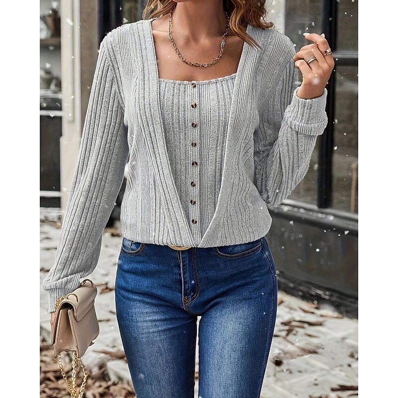 Women's Sweater Pullover Streetwear Casual Solid Color Cable Square Neck Buttons Knitted Long Sleeve Regular Tops Knit Daily Holiday Going out Light Brown Light Grey Fall Winter