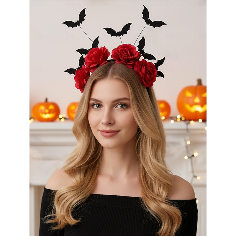Women's Halloween Bat Headband with Red Roses - Gothic Costume Hair Accessory for Party, Masquerade and Cosplay Events