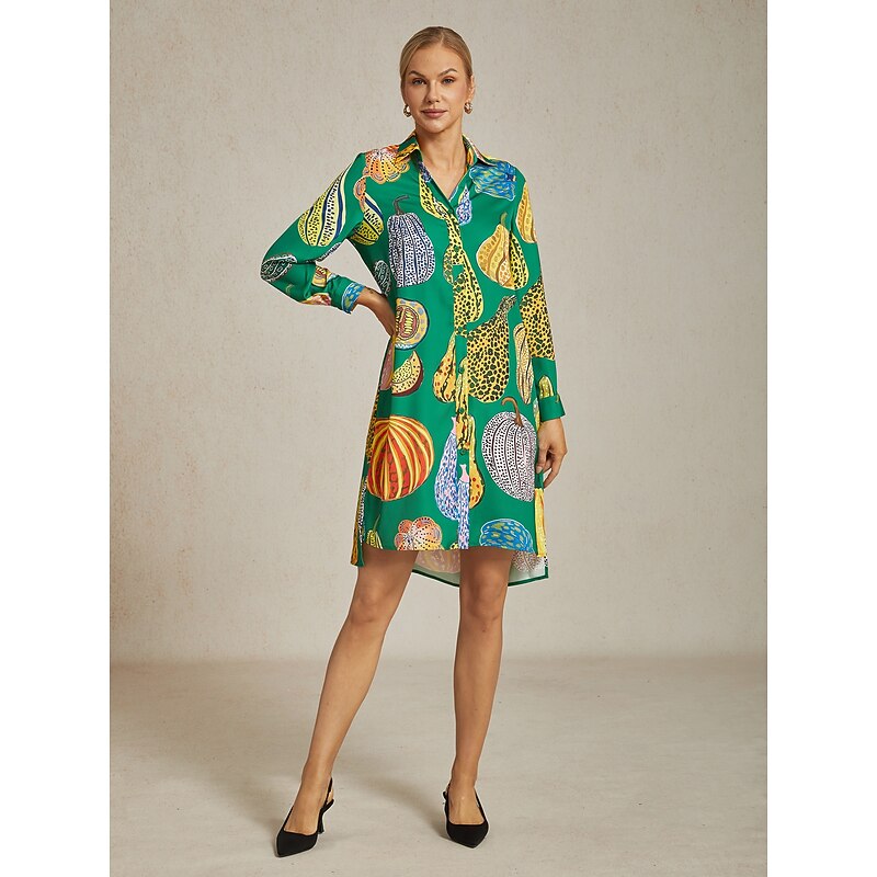 Women's Green Pumpkin Print Shirt Dress V Neck Loose Fit Asymmetrical Hem Split Design Bold Stylish Fashion Forward Daily Work Party Fall4