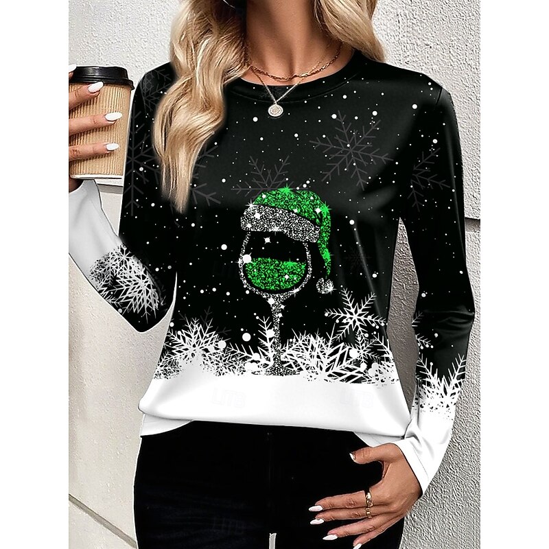 Christmas Women's T Shirt Graphic Snowflake Wine Glass Fashion Casual Long Sleeve Crew Neck Round Neck Regular Tops Daily Weekend Print Red Blue Purple Green Summer Spring Fall Winter4